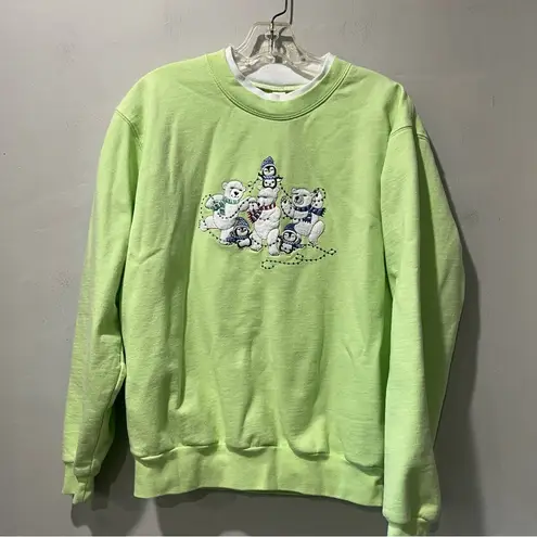 Morning Sun Polar Bear Embroidered Green Christmas Sweatshirt Size Large