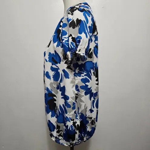 New York & Company Floral Blouse Short Sleeve Button Down Small White Blue