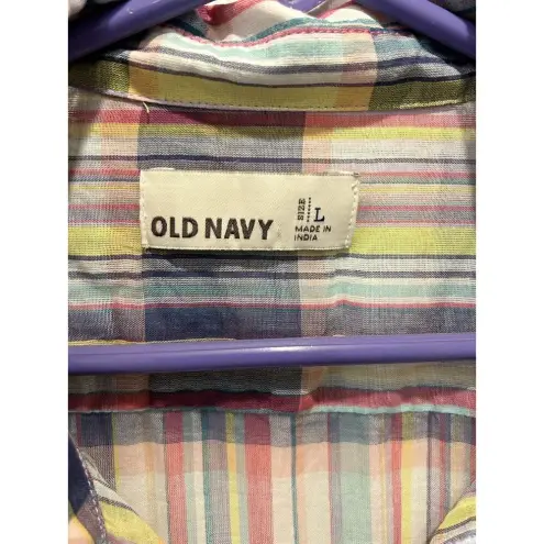 Old Navy  Button Up Shirt Pink Purple Plaid Sheer Long Sleeve Collared‎ Large