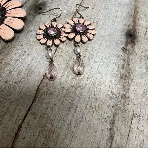 Vintage Pink Flower Drop Earrings with Rhinestones + Matching Floral Pin Set