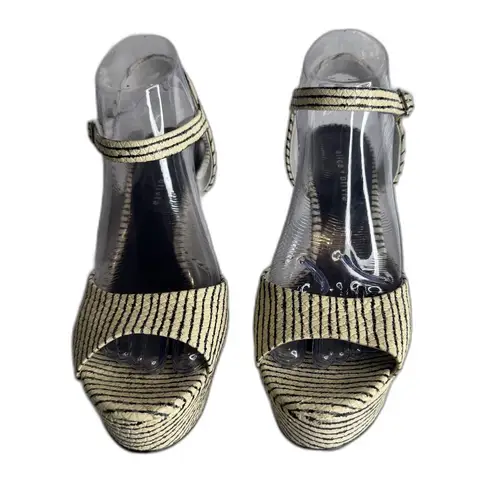 Alice + Olivia  Shoes Womens Size 8.5 Black Cream Wedge Platform Sandals Striped