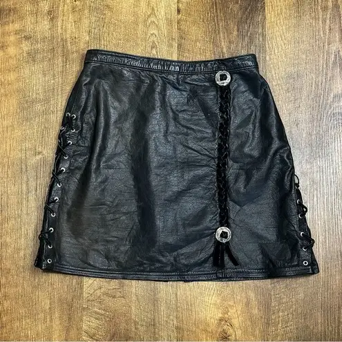 Vtg Y2K Black Leather Concho Mini Skirt Size XS