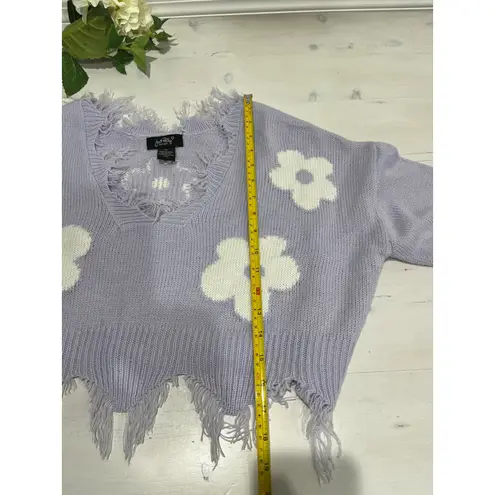 Just Polly New York Lilac White Flower Cropped Distressed Sweater
