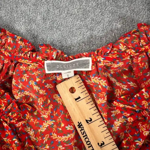 Pleione V-Neck Flutter Sleeve Red Floral Blouse Women's Small Ruffle Collar Top