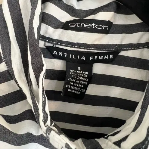 Antilia Femme Black & White Striped Ruffle Front Button