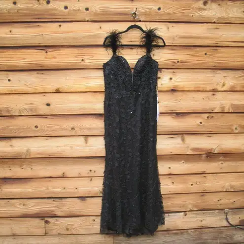 Mac Duggal 20889 Womens Black Sheer Applique Bustier Gown with Feather Straps