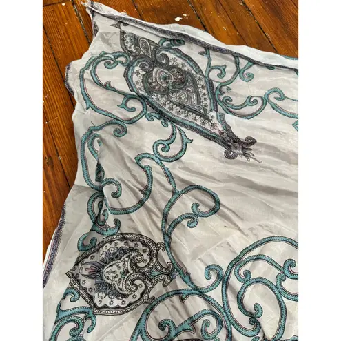 White Blue Grey Paisley Embroidered Scarf Shawl Wrap Lightweight Sheer Boho