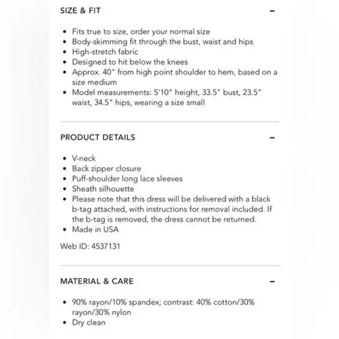 Karen Kane Long Sleeve A-Line Dress XS Black Lace Detail NEW