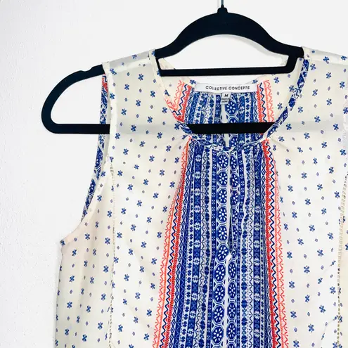 Collective Concepts White Blue Red Boho Printed Keyhole Tank Top