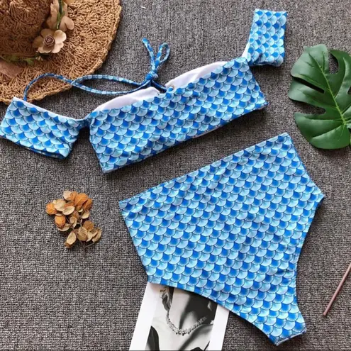 mermaid off shoulder high waist swimsuits Blue Size L