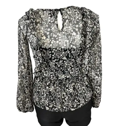 Art Class Womens Blouse Top Shirt Floral Print Ruffled Pullover Black White XL