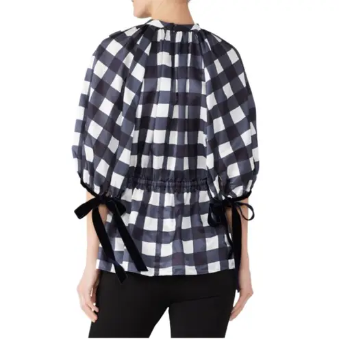 Mother of Pearl Navy White Plaid Velvet Tie Puff Sleeve Silk Blend Blouse Size 6 Blue