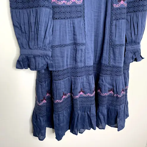 Johnny Was Reina Midi Dress Womens Large Linen-Blend Blue Embroidered