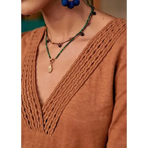 Sézane Sezane Miranda Slub Knit Linen V-Neck Woven Embroidered Neckline Coffee women XS