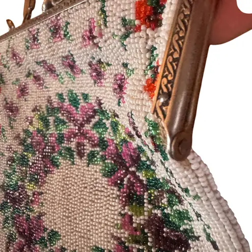 Vintage Beaded 1920s Flapper Bag Purse Floral Wreath Antique Art Deco Style 7x9 Tan