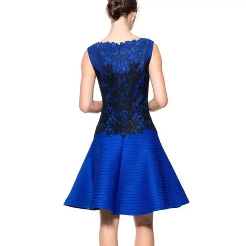 Tadashi Shoji dress pintuck neoprene lace black blue fit and flare sleeveless