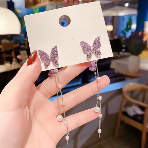 925 Silver Post Pearl Butterfly Long Tassel Dangle Drop Earrings for Women