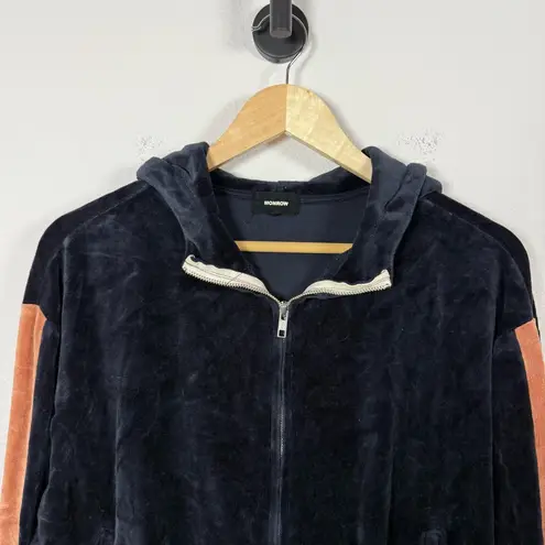 Monrow Women’s Velour Sporty Stripe Full Zip Hoodie in Neptune/Rose Size S/M Blue