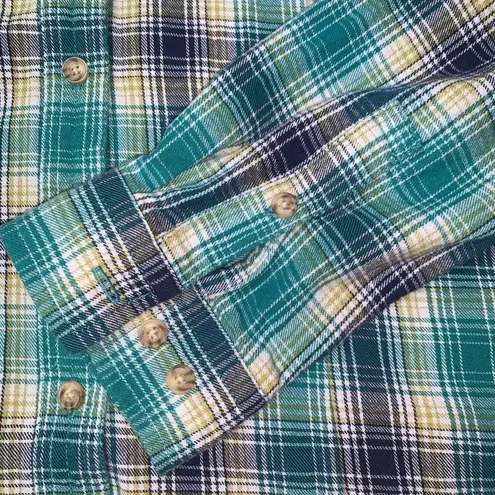 Duluth Trading Co Womens Shirt Top Plaid Button Down Collared Green Blue Large