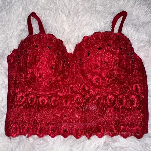 Windsor  Red Bejeweled Rhinestone Lace Crop Top Bra Bralette Bodice Corset