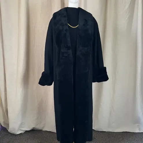 Vintage Black Wool Maxi Coat w/ Plush Faux Fur Collar & Cuffs Size 16