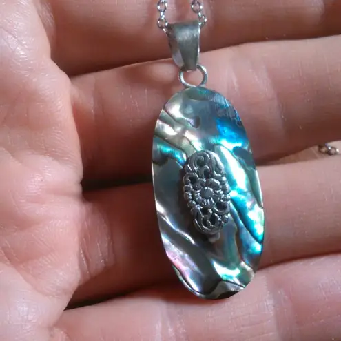 Floral Design Abalone Sterling Silver Pendant Stainless Steel Necklace