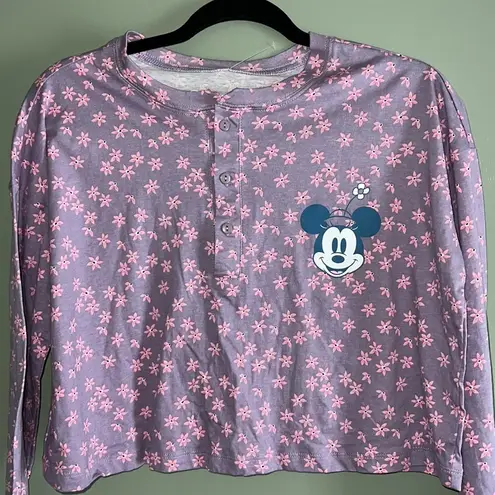 Disney  Minnie Mouse small lavender pink crop top long sleeve floral print NWOT