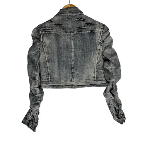 Y2K Cropped Moto Jacket Ruched Sleeves Distressed Sz Small Grunge Black