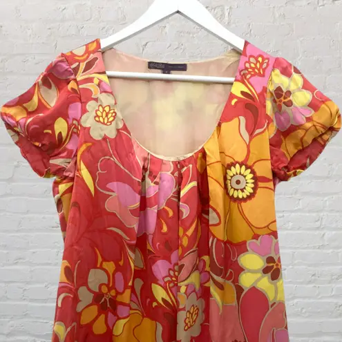 Hale Bob Silk Floral Boho Shift Dress S – Coral Pink Yellow Resort