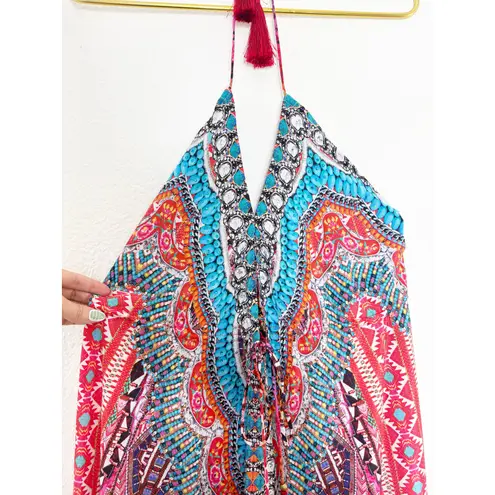 True Colors By La Moda Halter Maxi Dress Size Medium Mix Print Y2K Rhinestone Blue