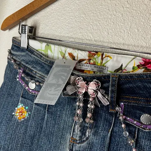 Alberto Makali 4 Blue Denim Mini Skirt Embellished Floral Ruffle layered Y2K NEW