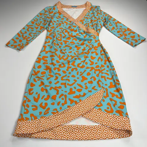 J. McLaughlin Blythe Faux Wrap Dress Leopard Greek Key Turquoise Orange Size S