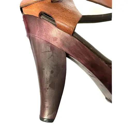 Calleen Cordero Wood Platform Sandals Embossed Leather Sculpted Heel Size 9 Brown