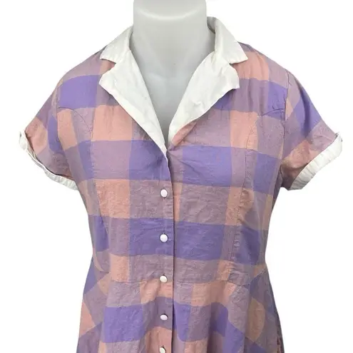 Unique Vintage Purple Plaid Checkered Short Sleeve Button Midi Shirt Dress 2XL
