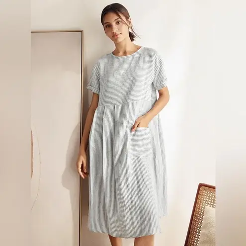 Lintico Morgan 100% Linen Striped Short Sleeve Midi Dress Boho Lagenlook Size S Blue
