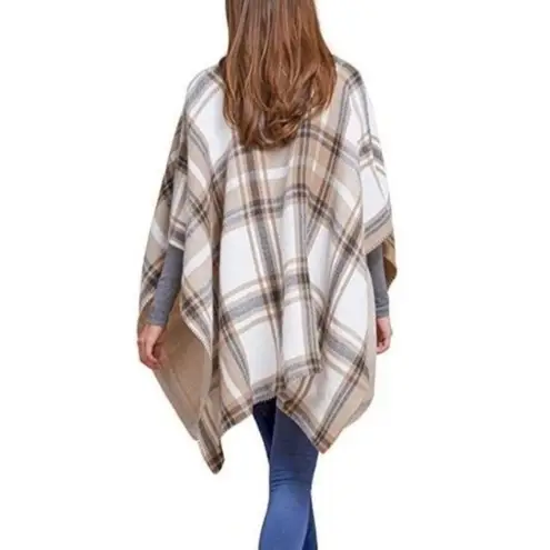 Woolrich Plaid Reversible Blanket Wrap Poncho One Size Shawl Brown Cream Tan