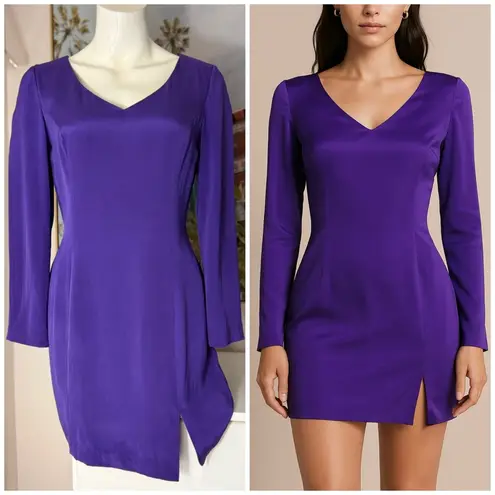 Hugo Buscati Vintage 90s Purple 100% Silk V-Neck Sheath Mini Dress Size 10 - Image 2