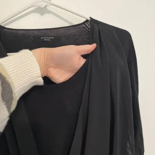 ALL SAINTS Taybar Sheer Cowl Knit Top Black Mixed Media 3/4 Sleeve M