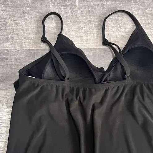 Dream Suit Black Tankini Swim Top Womens 10 V Neck Ruffle Adjustable Padded