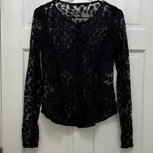 Rachel Rachel Roy Black Leaf Printed Sheer Mesh Lace Long Sleeve Blouse