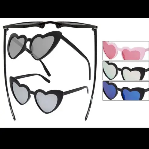 BLACK HEART SHAPED WOMEN'S SUNGLASSES WITH BLUE MIRRORED LENSES NEW NWT
