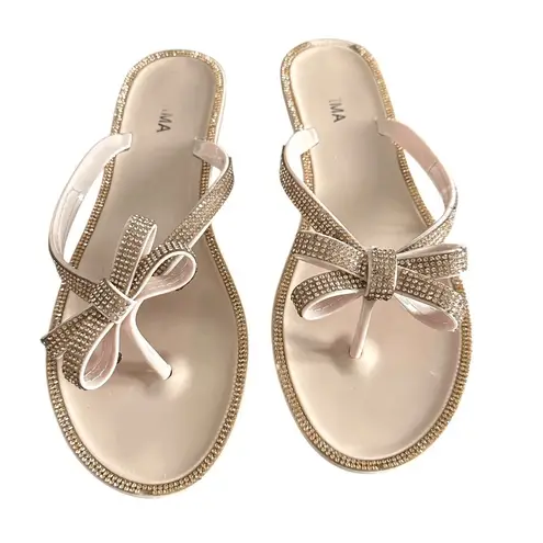 IMA Prima Lightweight Nude Rose Gold Rhinestone Bow Thong Sandals Tan Size 10