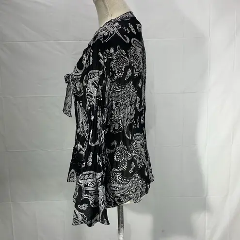Robbie Bee Black White Semi Sheer Paisley Print Long Sleeve Blouse Size Large