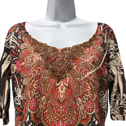 One World Bohemian Print Top with Red and Black Accents Size PL Y2K Hippie Beads