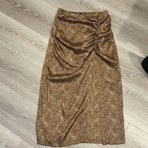 ZARA Animal Printed Midi Silky Skirt w High Slit Size Medium Gold/Brown