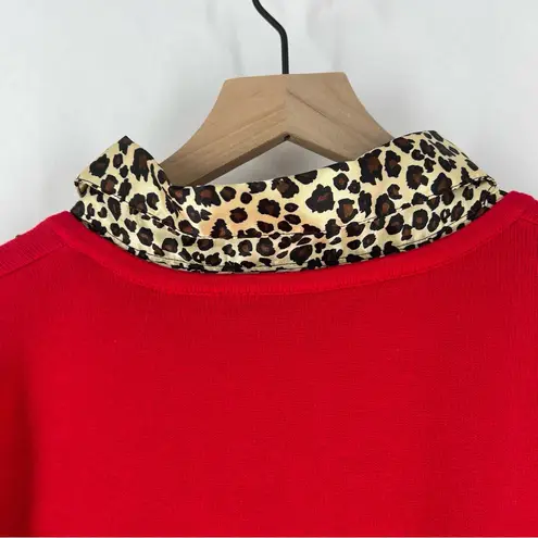 Quaker Factory Embellished Red Knit Sweater Contrasting Satin Leopard Collar XL