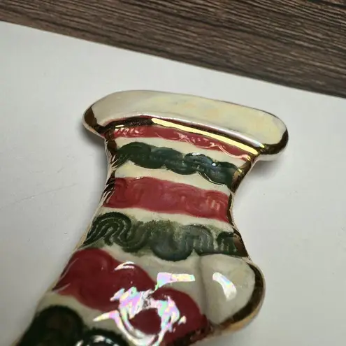 Ceramic Hand Crafted Christmas Stocking Striped Brooch Pin Holiday