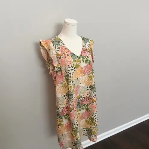 C&C California Dress 100% Linen Flutter Ruffle Sleeve Botanical Tropical Palms