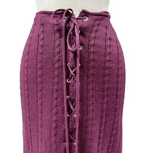 70s VTG Lace Up Front Cable Knit Sweater Skirt Plum Ankle Length Sz S/M Purple Size M
