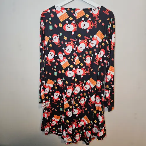 Kate Kasin Festive Santa Print Dress Christmas XL Lace Up Long Sleeve Holiday Black